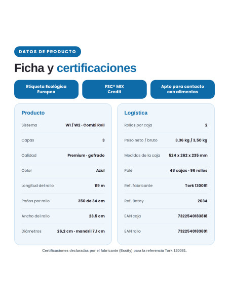 BOBINA TORK AZUL 3 CAPAS ULTRARESISTENTE 2 UNIDADES