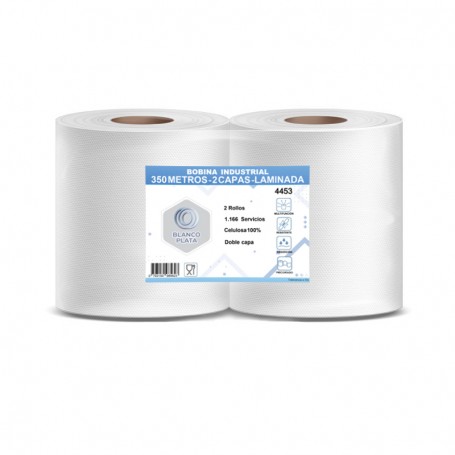BOBINA INDUSTRIAL 350M 2 CAPAS LAMINADA PASTA PURA BLANCO PLATA 2 UNIDADES