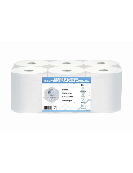 BOBINA SECAMANOS 100M 2C.LAM P/P BLANCOPLATA(6u.)
