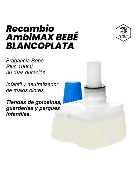RECAMBIO AMBIMAX FRAGANCIA BEBE PLUS 100ML 30 DÍAS DE DURACIÓN. INFANTIL, ELIMINA LOS MALOS OLORES.