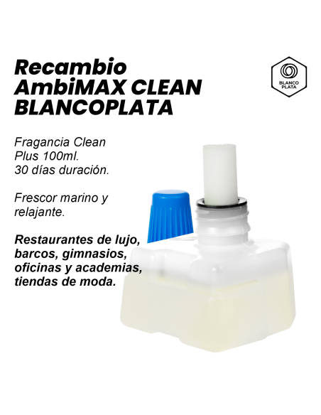 RECAMBIO AMBIMAX FRAGANCIA CLEAN PLUS 100ML 30 DÍAS DE DURACIÓN. FRESCOR MARINO Y RELAJANTE