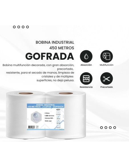 BOBINA INDUSTRIAL 450M 2 CAPAS GOFRADA PASTA PURA BLANCOPLATA 2 UNIDADES