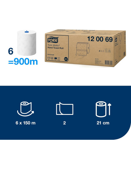 TOALLA ROLLO 2 CAPAS BLANCO UNIVERSAL TORK MATIC 150M 6 UNIDADES