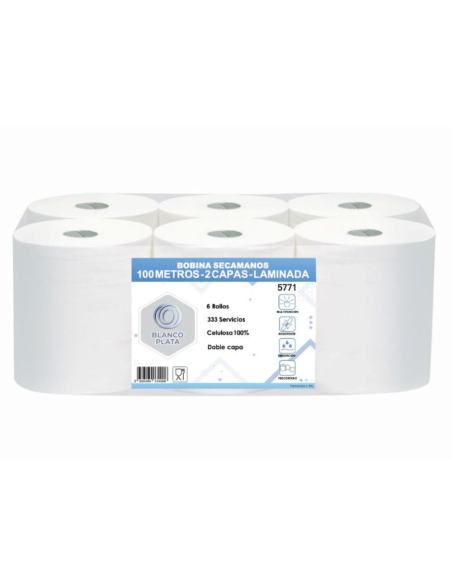 BOBINA SECAMANOS 100M 2C.LAM P/P BLANCOPLATA(6u.)