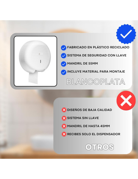 DISPENSADOR PAPEL HIGIÉNICO BLANCOPLATA COLOR BLANCO
