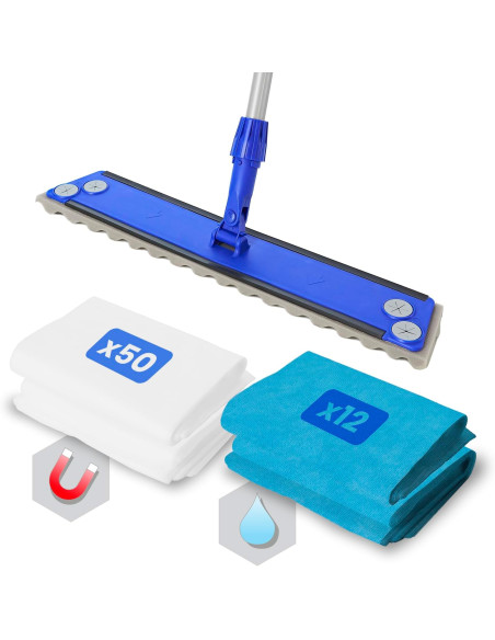 PACK SOPORTE+PALO+ RECAMBIO 50 GASAS ATRAPAPOLVO+12 GASAS MICROFIBRA LIMPIEZA EN HÚMEDO BLANCOPLATA