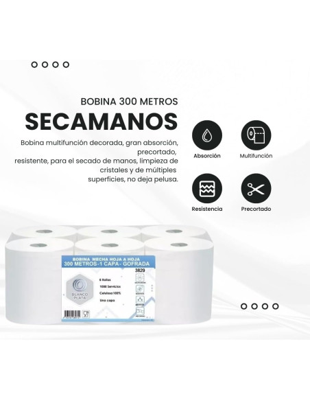 BOBINA MECHA HOJA-HOJA 1 CAPA 300M 1000 SERVICIOS BLANCOPLATA 6 UNIDADES